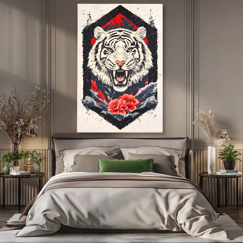 Tablou canvas cu tablou canvas cu tigru alb si flori rosii, fara rama, pe sasiu de lemn, pe perete intr-un dormitor